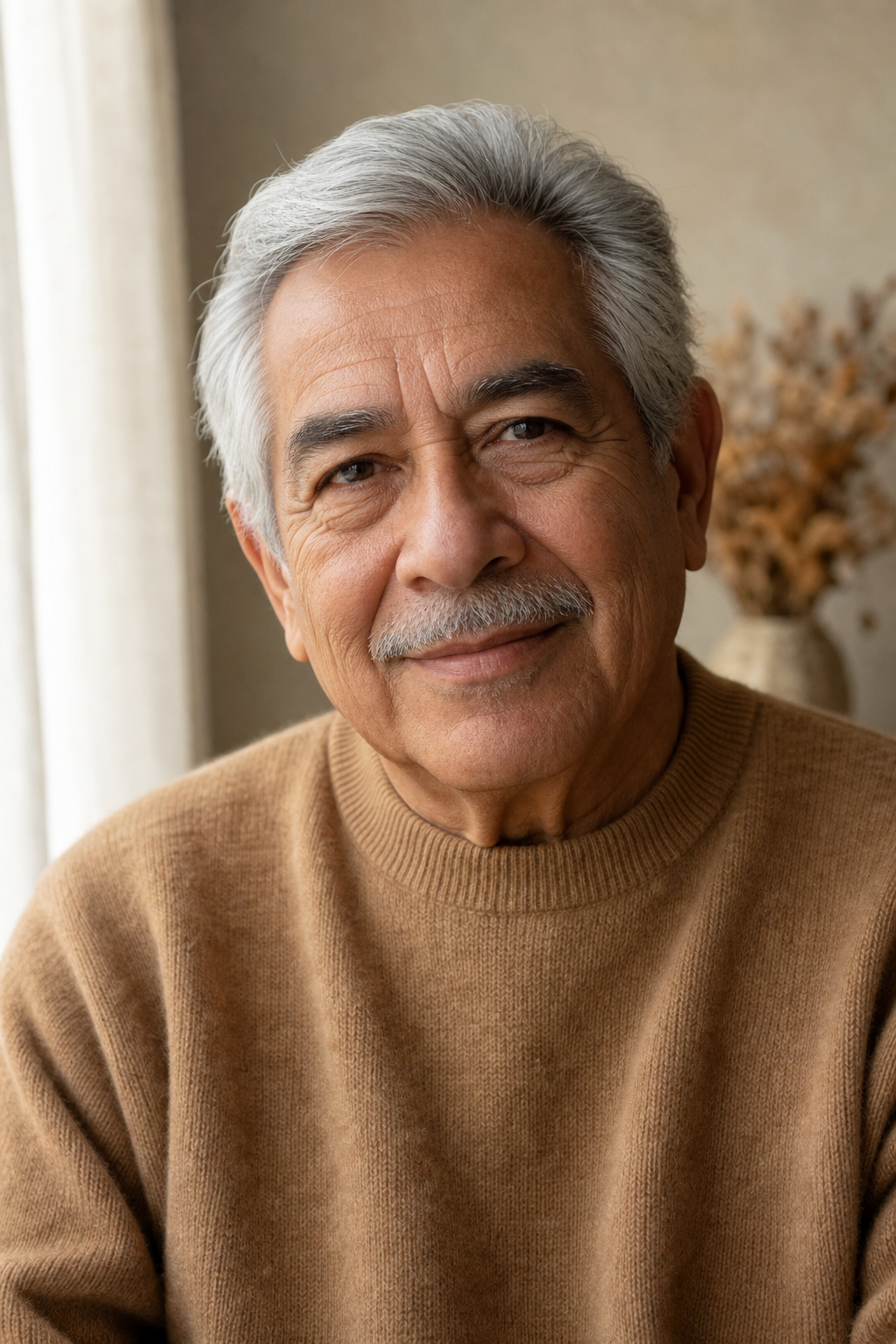 Portrait of an older man in a camel sweater.